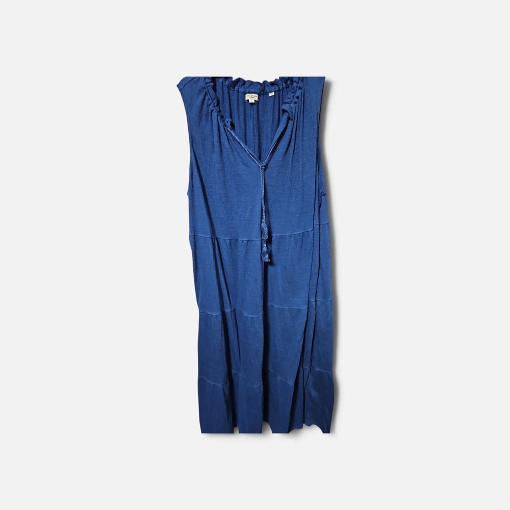 Max Studio Blue Tiered Midi Dress Sleeveless Tassel Tie Ruffle Neck Knit 3X